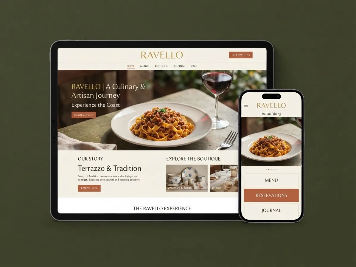 Site institucional da Ravello, do segmento de gastronomia, em um tablet e em um celular