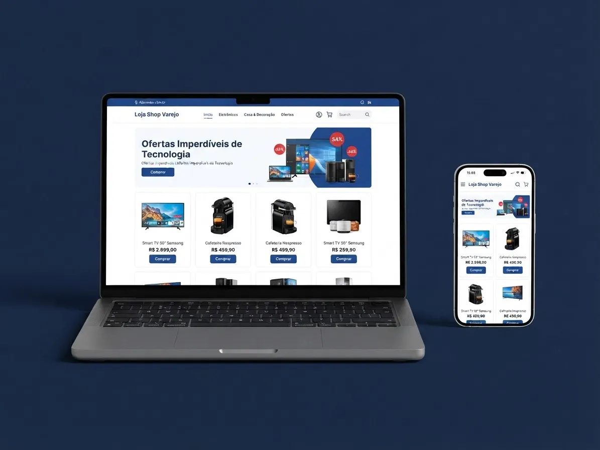 Loja virtual da Loja Shop Varejo aberta em um notebook e em um celular