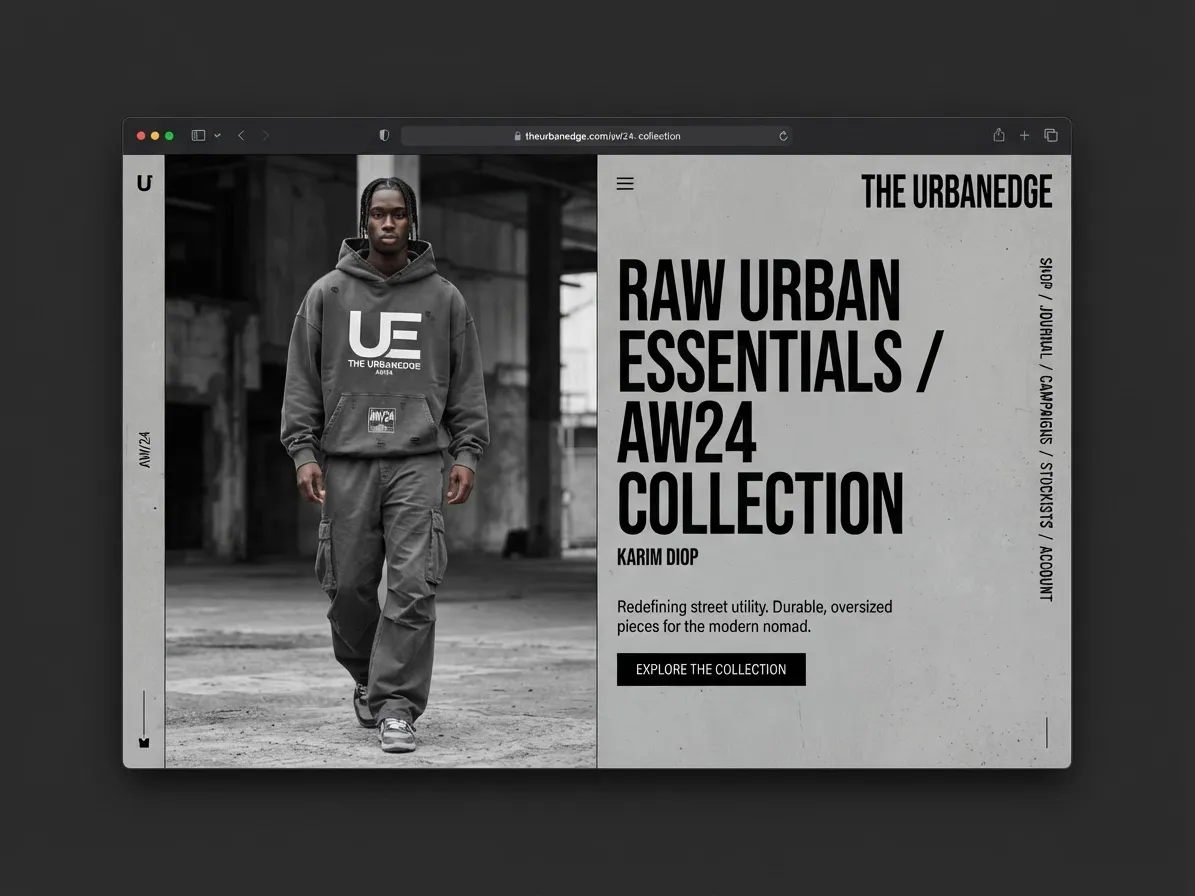 Loja virtual da The UrbanEdge, marca de moda streetwear, em uma janela de navegador